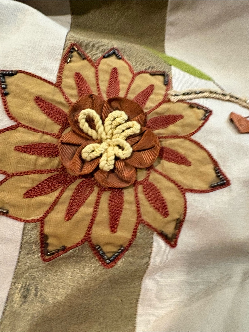 Pier 1 Striped Floral Table Runner in Brown green orange and Cream beads embroid - Picture 7 of 11